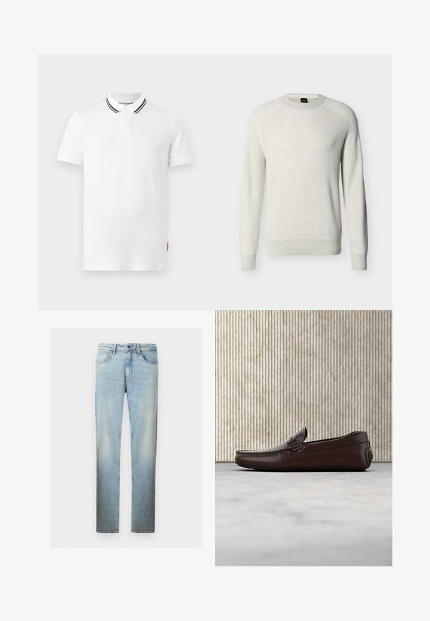 Pull à col rond manches longues couleur écru avec poignets, ourlet et col côtelés sur fond uni.; Polo blanc à manches courtes avec patte à deux boutons et double rayures noires sur le col, présenté sur un fond gris clair.; Jean en denim bleu clair à jambes droites avec un design classique à cinq poches et une fermeture à bouton sur le devant.; Mocassins en cuir marron avec une finition lisse, des coutures de style mocassin, un bout rehaussé et une semelle en caoutchouc basse et flexible.