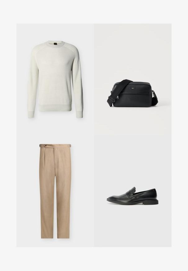 Pull à col rond manches longues couleur écru avec poignets, ourlet et col côtelés sur fond uni.; Pantalon beige taille haute, ajusté, avec un pli côté gauche et des pattes de réglage boutonnées de chaque côté.; Mocassins en cuir noir avec une texture lisse, un nez pointu et un petit talon rectangulaire. Présente un détail de bande horizontale sur le dessus.; Sac bandoulière en cuir noir texturé avec poche avant zippée et bandoulière large en tissu réglable sur fond blanc.