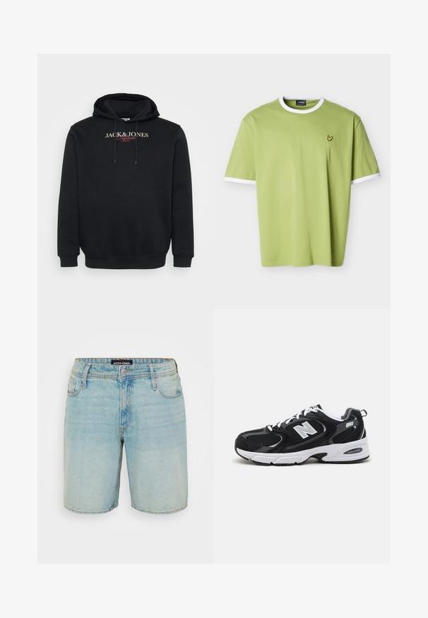 Μαύρο φούτερ με κουκούλα με την εκτύπωση "JACK & JONES Originals Studio" στο στήθος και κορδόνια στην κουκούλα.; Ανοιχτό πράσινο κοντομάνικο T-shirt με λευκό γιακά και άκρες μανικιών, με ένα μικρό κίτρινο λογότυπο πουλιού στο αριστερό στήθος.; Ανοιχτό μπλε τζιν σορτς με κλασικό σχέδιο πέντε τσεπών, κλείσιμο με κουμπί και ελαφρώς ξεθωριασμένη υφή. Ετικέτα JACKET & JONES ορατή στη ζώνη.; Μαύρα και γκρι αθλητικά παπούτσια με ανώτερο μέρος από δίχτυ και σουέτ, διαθέτοντας λευκή ενδιάμεση σόλα, κορδόνια και έντονο λογότυπο "N" στο πλάι.