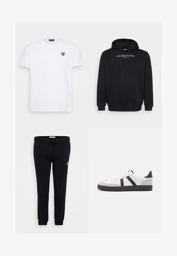 Μαύρο φούτερ με κουκούλα με την εκτύπωση "JACK & JONES Originals Studio" στο στήθος και κορδόνια στην κουκούλα.; Λευκό βαμβακερό T-shirt με στρογγυλή λαιμόκοψη. Διαθέτει ένα μικρό μαύρο κεντημένο λογότυπο στο στήθος. Κοντά μανίκια και ίσια γραμμή.; Μαύρο παντελόνι φόρμας από μαλακό ύφασμα, με ελαστική μέση, κορδόνι προσαρμογής, πλαϊνές τσέπες και μια μικρή λεπτομέρεια λογότυπου στο ισχίο.; Λευκό αθλητικό παπούτσι με μαύρες και γκρί λεπτομέρειες, featuring ένα υφή γκρί καλύμμα δαχτύλου, μαύρη καουτσούκ σόλα και επίπεδες λευκές κορδόνες. Καθαρός σχεδιασμός, μινιμαλιστικό στυλ.