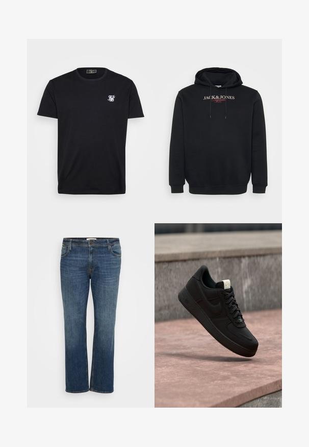 Sort hættetrøje med teksten "JACK & JONES Originals Studio" trykt på brystet og snore i huen.; Sort bomulds t-shirt med korte ærmer, rund halsudskæring og et lille hvidt broderet logo på venstre bryst. En simpel og klassisk design.; Mørkeblå denim jeans med et lige ben-design, der har fem lommer, knaplukning og subtilt slid for tekstur.; Sort Nike Air Force 1 sneaker, der svæver over en lyserød betonforkant med en grå stenet baggrund, som viser sidde- og topdetaljer.