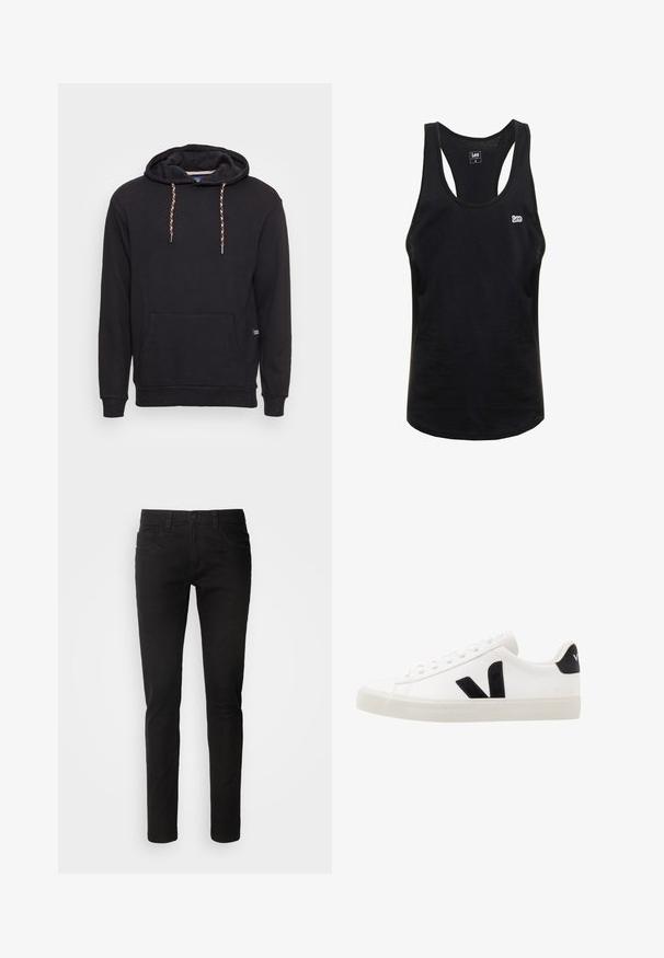 Schwarzer Kapuzenpullover mit geflochtenen Kordeln, vordertasche im Kangaroo-Stil, gerippte Bündchen und Saum, weicher Stoff, minimalistische Markenkennzeichnung.; Schwarzes Tanktop aus Baumwolle mit Racerback-Design, runder Ausschnitt und einem kleinen weißen "Lee"-Logo auf der Brust. Angenehme, glatte Textur.; Schwarze Jeans aus Denim im Slim-Fit-Stil, mit einem Fünf-Taschen-Design, Reißverschluss und einer sauberen, glatten Textur. Standard-Taillenumfang mit Gürtelschlaufen.; Weiße Leder-Sneaker mit schwarzen Wildlederelementen; verfügen über eine Gummisohle, eine runde Spitze und ein klassisches Schnürdesign. Seitliches Logo in Schwarz.