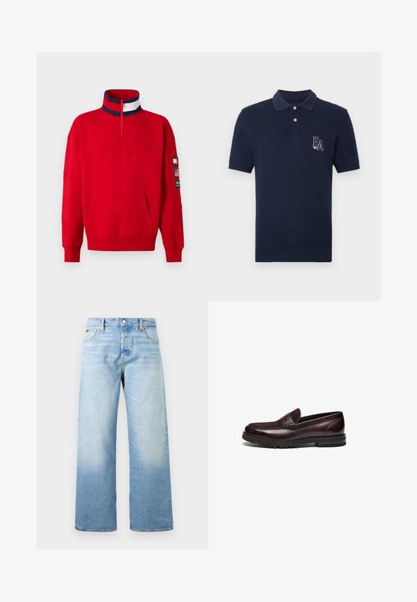 Rød sweatshirt med kvart lynlås, navyblå og hvide striber på kraven, frontlomme og mærker, herunder et amerikansk flag på venstre ærme.; Marineblå polo i bomuldsblanding; har krave, korte ærmer, toknappet lukning og broderet EA-logo på brystet.; Lyseblå denimjeans med høj talje, lige brede ben, forlommer samt knap- og lynlåslukning.; Brune læder loafers med en ruskindsdetalje, rund tå og tekstureret gummisål. Har syet detaljering og en let hæl.
