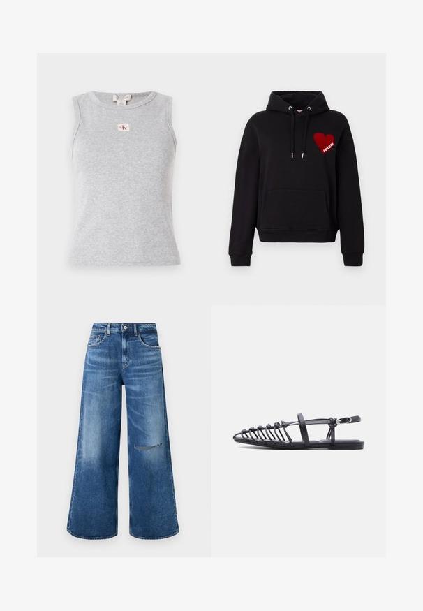 Zwarte hoodie met een voorzak, verstelbare trekkoorden en een rode hartafbeelding met het woord "FUTURE" in het wit. Zacht, textuurstof.; Grijze mouwloze top van ribstof, met een ronde halslijn en een klein CK-logo label op de voorkant. Eenvoudig en aansluitend ontwerp.; Wijdvallende blauwe spijkerbroek met een vervaagde was, heeft een voorzak en een versleten detail op de knie, afgewerkt met een klassieke tailleband.; Zwarte platte sandaal met meerdere dunne bandjes, een enkelfiguur met gesp en een open-toe kooi-ontwerp op een witte achtergrond.