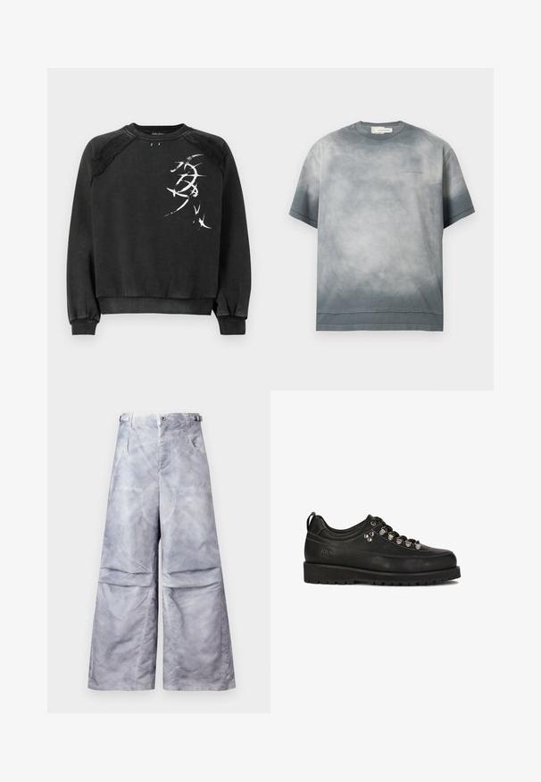 Sort sweatshirt lavet af blødt stof, med et grafisk design i hvid, raglanærmer samt ribbestrikkede manchetter og kant.; Grå batik T-shirt med korte ærmer, rund hals og subtil ; Lysegrå bukser med vide ben, forlommer, bæltestropper og justerbare sidelommer, vist på en ensfarvet baggrund.; Kazar Studio KS BLAISE - Sporty snøresko - black