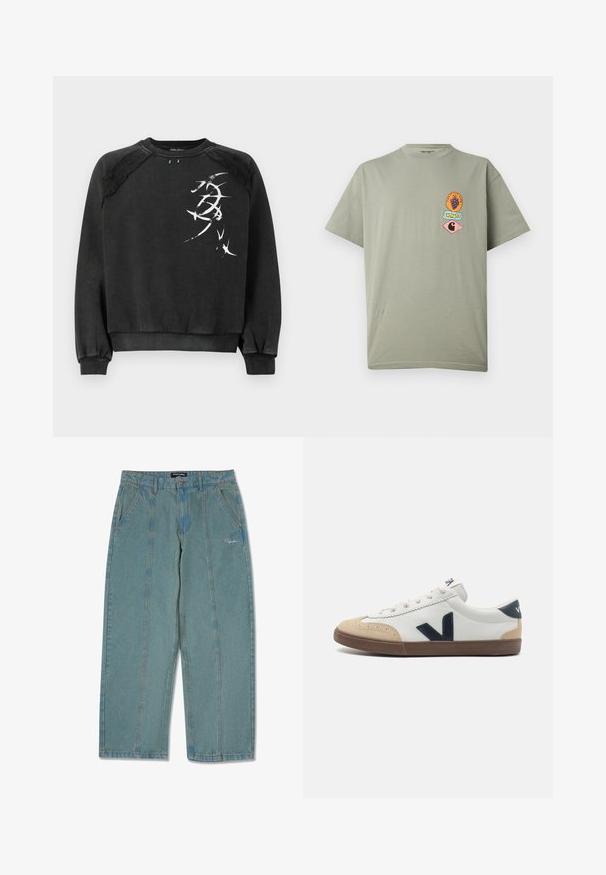 Sort sweatshirt lavet af blødt stof, med et grafisk design i hvid, raglanærmer samt ribbestrikkede manchetter og kant.; Lysegrå T-shirt med korte ærmer med tre små farverige grafiske patches på venstre bryst, inklusive druer og Carhartt-logoer.; Lysblå, ikke-slidte denimbukser med lige ben, der har forlommer og en diskret broderet logo nær taljen.; Hvide lædersneakers med beige tåhætte, navy lateral "V" logo og brun gummisål. Har runde snørebånd og teksturerede detaljer.
