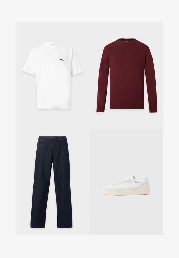 Pull bordeaux à manches longues et col rond, avec poignets et ourlet côtelés, présenté sur un fond uni gris clair.; T-shirt blanc à manches courtes avec un petit trèfle noir et le mot "loved" imprimé sur la poitrine gauche.; Jean droit en denim bleu foncé avec poches avant et coutures marron visibles, posé à plat sur un fond clair.; Baskets blanches avec dessus en daim et cuir texturé. Caractérisées par un bout arrondi, une fermeture à lacets et une semelle en caoutchouc beige contrastante.