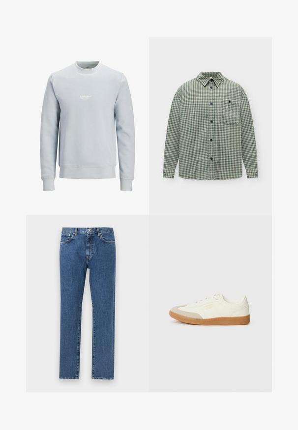 Sweat-shirt bleu clair col rond à manches longues avec petit logo blanc "JJ Studios" centré sur la poitrine.; Chemise à manches longues boutonnée avec motif à carreaux verts et beiges et une poche poitrine unique avec fermeture à bouton.; Jean en denim bleu à jambes droites avec cinq poches, fermeture par bouton et fermeture éclair, présenté à plat sur un fond gris clair.; Baskets en cuir blanc avec une coque beige et une semelle en caoutchouc marron clair. Dotées de lacets blancs plats et d'un logo embossé sur le côté.