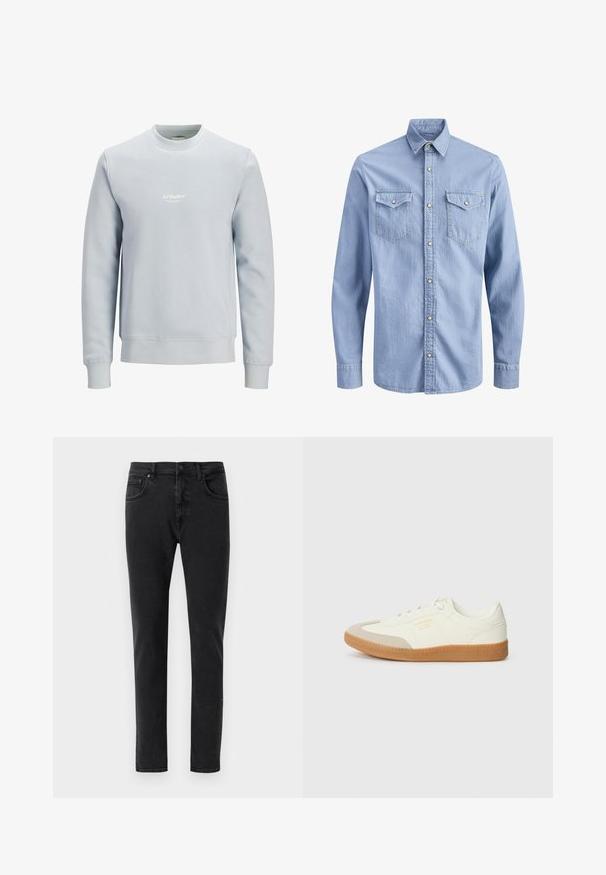 Lichtblauwe crewneck trui met lange mouwen en een klein wit "JJ Studios"-logo in het midden van de borst.; Lichtblauw denim overhemd met lange mouwen, drukknopen, een puntige kraag en twee klepzakken op de borst met knoopsluitingen.; Zwarte denim jeans met een slim fit, voorzien van een klassieke vijf-pocket ontwerp en minimale stikdetails. Gladde textuur, standaard tailleband.; Schoen gemaakt van wit leer met een beige teenkap en een lichtbruine rubberen zool. Voorzien van platte witte veters en reliëfbranding aan de zijkant.