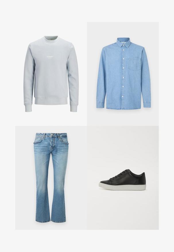 Sweat-shirt bleu clair col rond à manches longues avec petit logo blanc "JJ Studios" centré sur la poitrine.; Chemise en denim bleu clair à manches longues avec une poche avant, une fermeture à boutons et un col classique sur fond blanc.; Jean en denim bleu clair avec une taille mi-haute, cinq poches, et une légère évasement au bas.; Baskets en cuir noir avec un bout rond, semelle plate en caoutchouc blanc et lacets à six œillets. Texture lisse, style minimaliste.