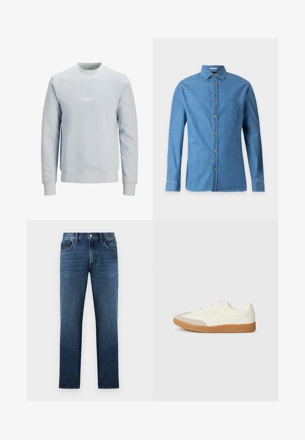 Sweat-shirt bleu clair col rond à manches longues avec petit logo blanc "JJ Studios" centré sur la poitrine.; Chemise en denim bleu à manches longues avec col et boutons marron à l'avant, présentée sur un fond gris clair uni.; Jean en denim bleu foncé à coupe droite avec fermeture à bouton et fermeture éclair à l'avant, poches avant et arrière, présenté sur fond blanc.; Baskets en cuir blanc avec une coque beige et une semelle en caoutchouc marron clair. Dotées de lacets blancs plats et d'un logo embossé sur le côté.