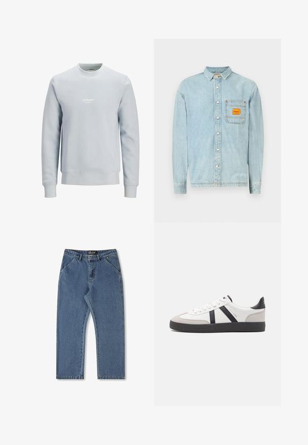 Lyseblå crewneck sweatshirt med lange ærmer og lille hvidt "JJ Studios" logo centreret på brystet.; Lyseblå denimskjorte med knap-krave, lange ærmer, en brystlomme med en orange label og hvide knapper.; Blå denimjeans med lige ben, medium talje og klassisk fem-lommer stil. Har subtil falming og syede detaljer.; Hvide sneakers med sorte og grå detaljer, med en tekstureret grå tåhætte, sort gummisål og flade hvide snørebånd. Rent design, minimalistisk stil.