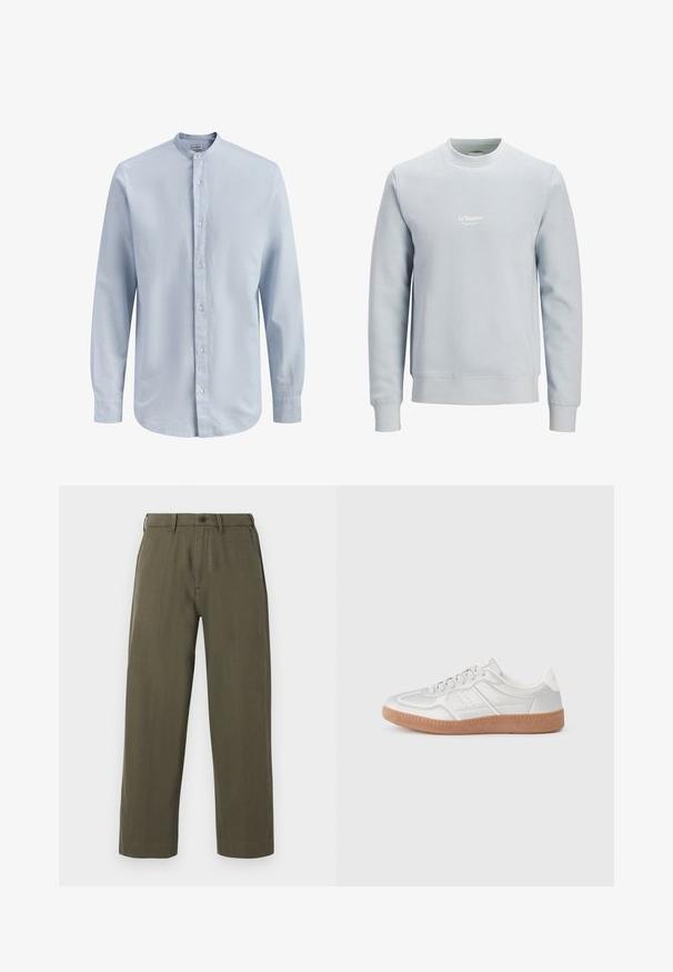 Sweat-shirt bleu clair col rond à manches longues avec petit logo blanc "JJ Studios" centré sur la poitrine.; Chemise pour homme à manches longues bleu clair avec col mandarin et boutons blancs sur le devant, présentant une texture subtile.; Pantalon droit vert olive avec passants de ceinture, fermeture avant à boutons et poches latérales, présenté sur un fond blanc.; Baskets argentées avec une texture lisse, un design à lacets, des accents perforés et une semelle en caoutchouc marron texturé.