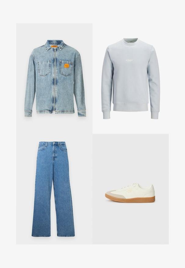 Lichtblauwe crewneck trui met lange mouwen en een klein wit "JJ Studios"-logo in het midden van de borst.; Lichtblauwe denim jas met een volledige rits aan de voorkant, twee borstzakken en een klein oranje Replay Inc. label op de rechterzak en de kraag.; Blauwe denim jeans met een hoge taille, wijde pijpen, knopen aan de voorkant, ritssluiting, riemlussen en voor- en achterzakken.; Schoen gemaakt van wit leer met een beige teenkap en een lichtbruine rubberen zool. Voorzien van platte witte veters en reliëfbranding aan de zijkant.