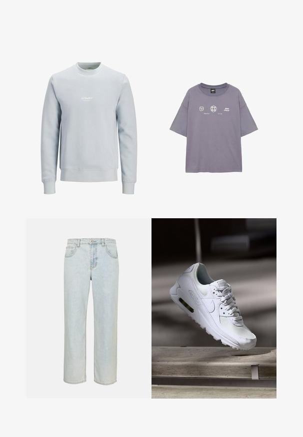 Sweat-shirt bleu clair col rond à manches longues avec petit logo blanc "JJ Studios" centré sur la poitrine.; T-shirt violet à manches courtes avec des motifs graphiques et un texte blancs sur la poitrine, incluant un soleil abstrait, une fleur et le lettrage stylisé « Find Space ».; Jean denim bleu clair droit avec poches avant, passants de ceinture et fermeture par bouton sur un fond uni.; Sneaker Nike Air Max 90 blanche avec une tige en mesh et cuir, une boîte à orteils perforée et une unité air visible au talon.