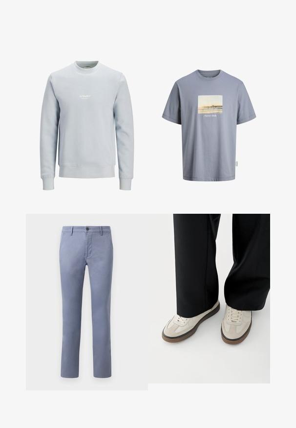 Lyseblå crewneck sweatshirt med lange ærmer og lille hvidt "JJ Studios" logo centreret på brystet.; Lyseblå T-shirt med korte ærmer med et billede af en kystpier og teksten "Originals Studio" på forsiden.; Lyseblå bomulds-chinos i slim fit med knaplukning, bælteløkker og sidelommer, glat tekstur og lige ben.; Fødder iført beige sneakers med brune såler og sorte bukser med vide ben på hvid baggrund.