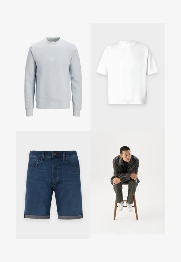 Lyseblå crewneck sweatshirt med lange ærmer og lille hvidt "JJ Studios" logo centreret på brystet.; Hvid t-shirt med korte ærmer lavet af blød bomuld, med rund hals og en afslappet pasform uden mønstre eller grafik. Glat tekstur.; Mørkeblå denimshorts med optrukne manchetter, forreste knap, lynlås og forlommer mod en ensfarvet lys baggrund.; Ung mand i mørk læderjakke og jeans sidder på en træskammel, læner sig fremad med armene krydset og kigger til siden mod hvid baggrund.
