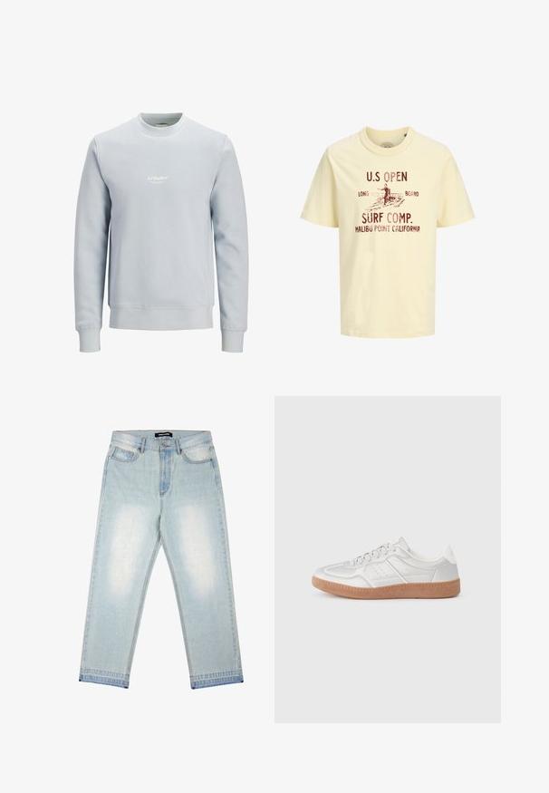 Hellblaues Sweatshirt mit Rundhalsausschnitt, langen Ärmeln und kleinem weißem "JJ Studios"-Logo zentriert auf der Brust.; Hellgelbes T-Shirt mit braunem Text und einer Grafik eines Surfers sowie den Worten US Open Surf Comp. Malibu Point California.; Pegador BARROW - Loose Jeans - sand washed blue; Silberne Sneakers mit glatter Textur, Schnürdesign, durchbrochenen Akzenten und einer strukturierten braunen Gummisohle.
