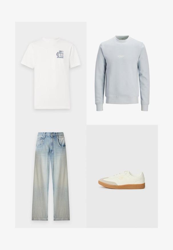 Lichtblauwe crewneck trui met lange mouwen en een klein wit "JJ Studios"-logo in het midden van de borst.; Wit T-shirt met korte mouwen van katoen, voorzien van een blauwe graphic op de borst van een wasbeer naast een vuilnisbak en de tekst "STANCE."; Lichtblauwe denim jeans met brede pijpen, voorzakken, knoopsluiting en vervaagde plekken op de dijen en onderbenen.; Schoen gemaakt van wit leer met een beige teenkap en een lichtbruine rubberen zool. Voorzien van platte witte veters en reliëfbranding aan de zijkant.