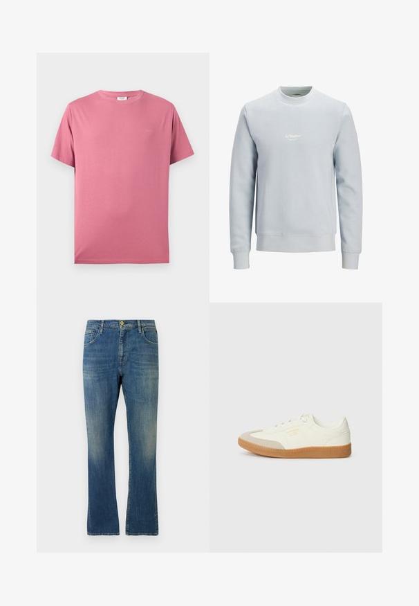 Sweat-shirt bleu clair col rond à manches longues avec petit logo blanc "JJ Studios" centré sur la poitrine.; T-shirt rose uni en coton à manches courtes avec col rond et logo discret sur la poitrine gauche, présenté sur un fond blanc.; Jean en denim bleu délavé, coupe droite, avec fermeture à bouton et à glissière, poches avant et arrière, présenté sur fond blanc.; Baskets en cuir blanc avec une coque beige et une semelle en caoutchouc marron clair. Dotées de lacets blancs plats et d'un logo embossé sur le côté.