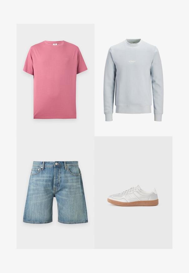 Sweat-shirt bleu clair col rond à manches longues avec petit logo blanc "JJ Studios" centré sur la poitrine.; T-shirt rose uni en coton à manches courtes avec col rond et logo discret sur la poitrine gauche, présenté sur un fond blanc.; Short en jean bleu clair avec fermeture par bouton et fermeture éclair, passants de ceinture, poches avant et détails subtils délavés.; Baskets argentées avec une texture lisse, un design à lacets, des accents perforés et une semelle en caoutchouc marron texturé.