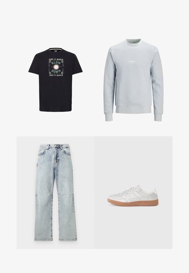 Hellblaues Sweatshirt mit Rundhalsausschnitt, langen Ärmeln und kleinem weißem "JJ Studios"-Logo zentriert auf der Brust.; Schwarzes Baumwoll-T-Shirt mit einem farbenfrohen Grafikdesign, das den Text "HALT ES EINFACH" und "VERLANGSAME" umgeben von kreisförmigen Mustern zeigt.; Hellblaue Denim-Hosen mit lockerem Schnitt, verblasster Textur, fünf Taschen und einem Knopfverschluss am Bund. Flache Nähte und weite Beine.; Silberne Sneakers mit glatter Textur, Schnürdesign, durchbrochenen Akzenten und einer strukturierten braunen Gummisohle.