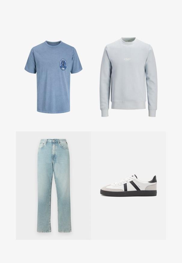 Light blue crewneck sweatshirt with long sleeves and small white "JJ Studios" logo centered on the chest.; Light blue short-sleeve t-shirt with small chest logo showing a surfer and text reading "Big Barrel Surfing Competition, Local Members Only."; Light blue high-waisted straight-leg jeans made of denim. Features classic five-pocket design and a zip fly with button closure.; White sneaker with black and gray accents, featuring a textured gray toe cap, black rubber sole, and flat white laces. Clean design, minimalist style.
