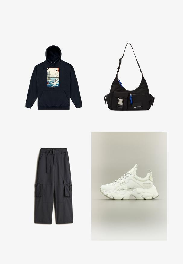 Sudadera negra con capucha y bolsillo frontal, con un estampado colorido de olas y paisaje al estilo japonés etiquetado como "Ashmolean Museum Oxford."; Pantalones cargo de un gris oscuro, hechos de una tela ligera, que cuentan con un cinturón de hebilla redonda, dos bolsillos laterales y dos bolsillos cargo.; Zapatilla blanca gruesa con suela texturizada gruesa, parte superior de malla y cuero, cierre de cordones y lengüetas en la lengüeta y el talón.; Bolso de hombro negro de nylon con forma curvada, correa ajustable, bolsillo frontal con cierre, acento azul y detalle de logo.