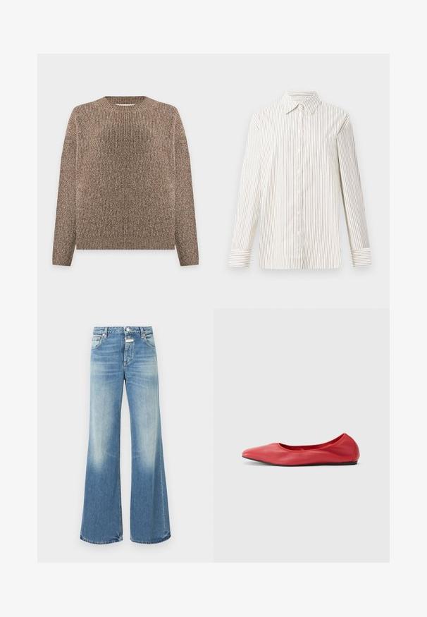 Pull en maille côtelée marron et beige, à manches longues et col rond, présenté sur un fond clair uni.; Chemise à manches longues, boutonnée, en crème avec de fines rayures verticales marron, dotée d'un col classique et d'une poche poitrine.; Jean large bleu clair en denim, présentant un lavage décoloré, un design traditionnel à cinq poches, et des coutures visibles le long des seams.; Filippa K REY FLATS - Ballerines - bright red