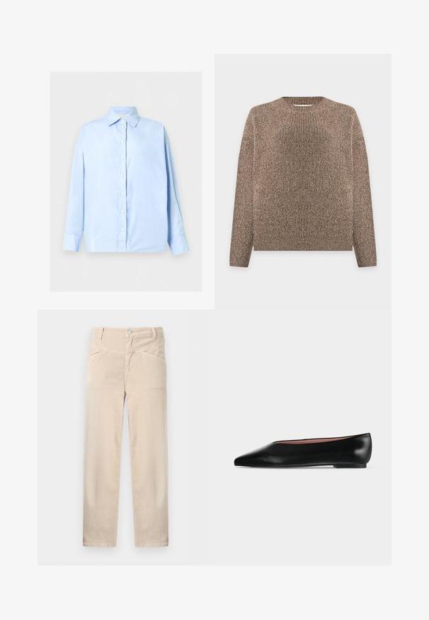 Brun og beige ribbestrikket genser med lange ermer og rund hals, vist mot en ensfarget, lys bakgrunn.; Lyseblå langermet skjorte med knapper, spiss krage og mansjetter med én knapp, vist flatt på hvit bakgrunn.; Beige høytlivs bukser med rette ben, frontlukking med knapp og glidelås, beltehemper og to fremre lommer.; Svart skinn damesko med spiss tupp og lav hæl, vist fra siden på ensfarget lys grå bakgrunn.