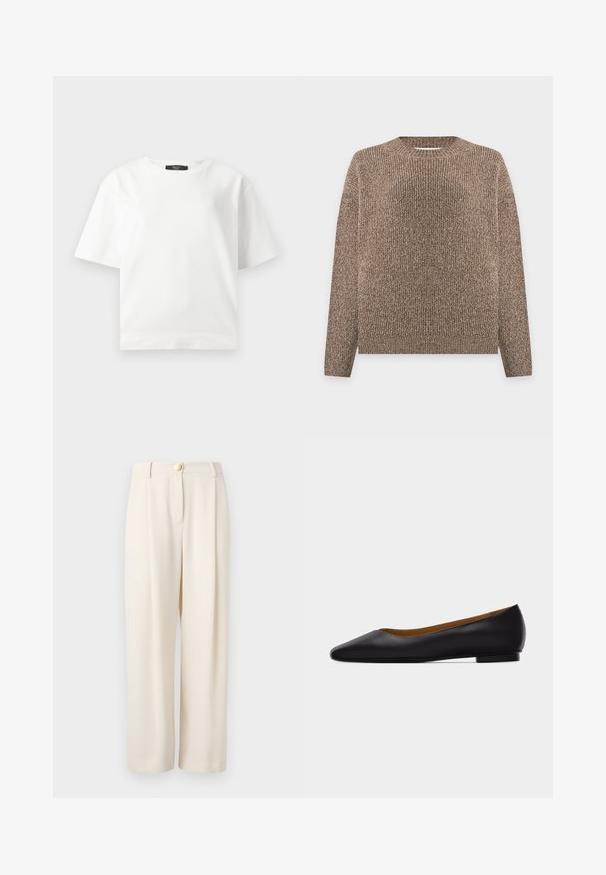 Pull en maille côtelée marron et beige, à manches longues et col rond, présenté sur un fond clair uni.; T-shirt blanc à manches courtes avec une coupe décontractée, en tissu de coton lisse, doté d'un col rond et sans motifs ni accents visibles.; Pantalon beige à jambes larges en tissu lisse, doté d'une fermeture à un seul bouton, de poches latérales et d'une coupe décontractée pour un port confortable.; Chaussure plate en cuir noir à bout pointu avec talon bas et finition lisse, vue de côté sur un fond gris clair.