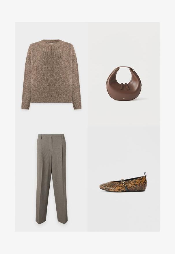 Pull en maille côtelée marron et beige, à manches longues et col rond, présenté sur un fond clair uni.; Pantalons taillés gris en tissu texturé, design à jambe droite, deux poches avant et une taille lisse.; Ballerine en simili motif peau de serpent avec des nuances de brun et de noir. Dotée d'une bride noire et d’un détail en métal doré. Texture lisse.; Sac à main en cuir marron en forme de croissant avec une poignée supérieure et deux curseurs de fermeture éclair, sur fond blanc.