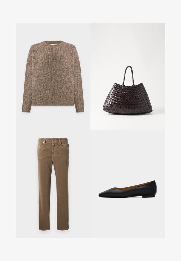 Pull en maille côtelée marron et beige, à manches longues et col rond, présenté sur un fond clair uni.; Pantalons en velours côtelé marron à jambe droite avec poches avant, passants de ceinture et fermeture à bouton sur fond blanc.; Chaussure plate en cuir noir à bout pointu avec talon bas et finition lisse, vue de côté sur un fond gris clair.; DRAGON DIFFUSION SANTA CROCE BIG - Sac à main - dark brown