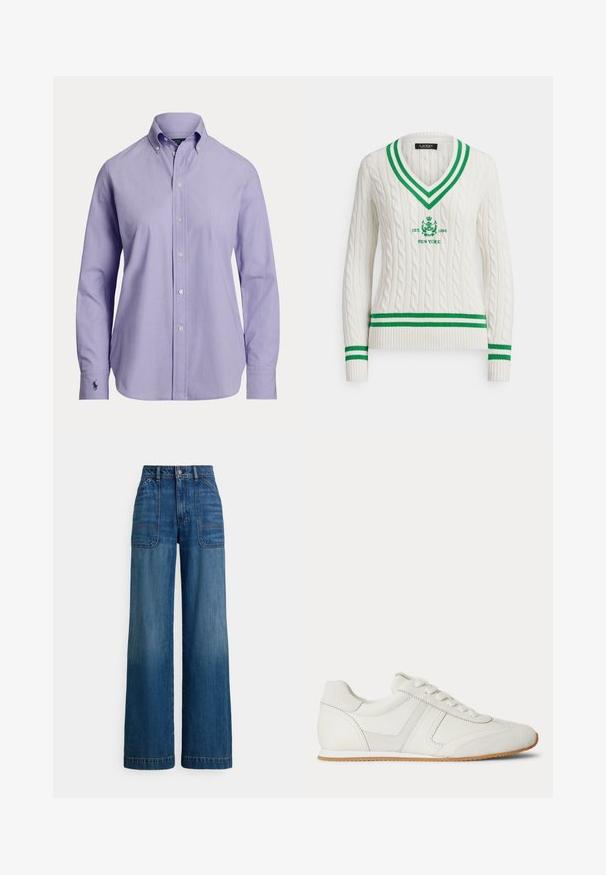 Pullover sweater i kabelstrik i off-white med grønstribet V-hals og manchetter. Har broderet logo med "EST. 1996" og "NEW YORK."; Herre langærmet lyse lilla skjorte med knapper, knappet krave og broderet logo på venstre manchet.; Højttaljede vidde ben jeans i mellemblå denim. Har lomme lapper foran og fremtrædende syninger. Glat, blød tekstur.; Hvid lavtop sneaker med snørelukning foran, ruskind- og læderpaneler og en lysebrun gummisål på en hvid baggrund.