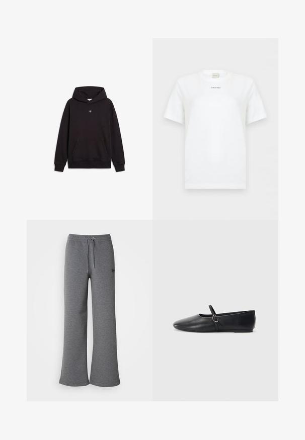 Zwarte pullover hoodie met voorzak en klein vierkant logo patch gecentreerd onder de halslijn.; Witte T-shirt met korte mouwen en ronde hals, met een klein zwart "Calvin Klein" logo in het midden van de borst, effen achtergrond.; Grijze sweatpants van zacht materiaal, met een trekkoord in de taille, ruime broekspijpen en een subtiele logo-detail aan de zijkant.; Zwarte leren balletschoenen met een spitse neus, platte zool en een kleine strap met een zilveren gespsluiting.