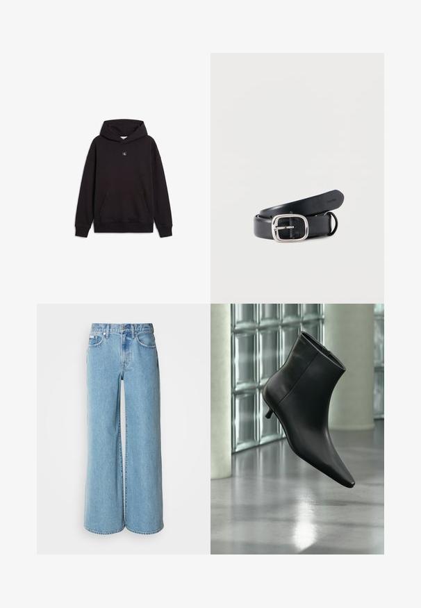 Schwarzer Kapuzenpullover mit Fronttasche und kleinem quadratischem Logopatch zentriert unterhalb des Halsausschnitts.; Hellblaue weite Jeans aus Denim, mit hoher Taille, Fünf-Taschen-Design und subtilen Auswaschungen im Stoff.; Schwarzer Leder-Stiefelette mit spitzer Zehenpartie und niedrigem Kitten-Heel, schräg dargestellt vor einem polierten Boden und einer Glasbausteinwand.; Schwarzer Ledergürtel mit rechteckiger silberner Schnalle. Glatte Oberfläche, mit gestanzten Löchern zur Einstellung und gebrandetem Innenfutter.