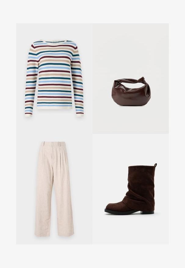 TOM TAILOR Pullover - teal-colored; Pantalon en lin beige clair à coupe ample, avec des plis devant et une jambe droite. Style minimaliste et tissu texturé.; Botte ample mi-mollet en daim marron foncé avec bout rond, petit talon, semelle noire et languette à l'arrière.; Sac bandoulière en cuir marron foncé avec une forme souple et décontractée et une anse nouée torsadée sur un fond blanc uni.