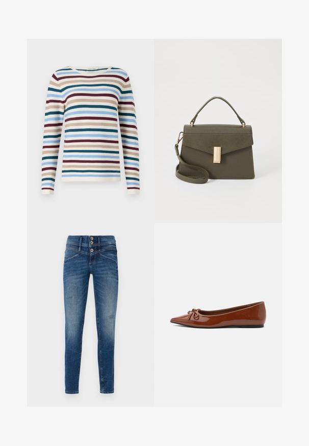 TOM TAILOR NEW OTTOMAN - Pullover - teal-colored; Jeans skinny en denim bleu foncé avec une finition délavée, présentant une taille haute, une fermeture à deux boutons et des détails déchirés sur les jambes.; Ballerine pointue en cuir verni marron avec un détail nœud sur le dessus et une fine semelle noire.; Petit sac à main vert olive avec un design structuré, doté d'une anse supérieure, d'une bandoulière amovible et d'une fermeture avant dorée.