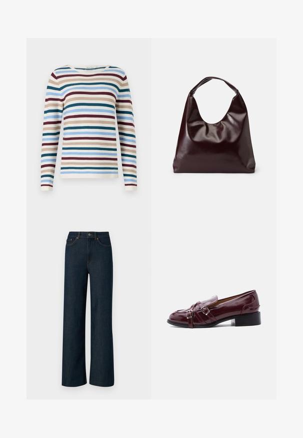 TOM TAILOR NEW OTTOMAN - Strickpullover - teal-colored; Weite, dunkelblaue Denim-Jeans mit kontrastierendem orangefarbenem Nähten, fünf Taschen und einem Knopfverschluss. Glattes, strukturiertes Material.; Burgunderfarbener Lackleder-Slipper mit doppelten silbernen Schnallenriemen und niedrigem schwarzen Absatz auf weißem Hintergrund.; Burgunderfarbene, glänzende tote Bag aus veganem Leder mit einer weichen, skulpturalen Form und einem breiten, geschwungenen Henkel für einfaches Tragen.