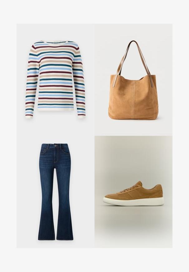 TOM TAILOR NEW OTTOMAN - Striktrøje - teal-colored; TOM TAILOR STELLA darkblue; Brun lædersneaker med brune snørebånd og en tyk hvid gummisål på en neutral baggrund.; Beige ruskindtaske med lange lysebrune læderstropper, blød tekstur og enkel syning på en ensfarvet hvid baggrund.