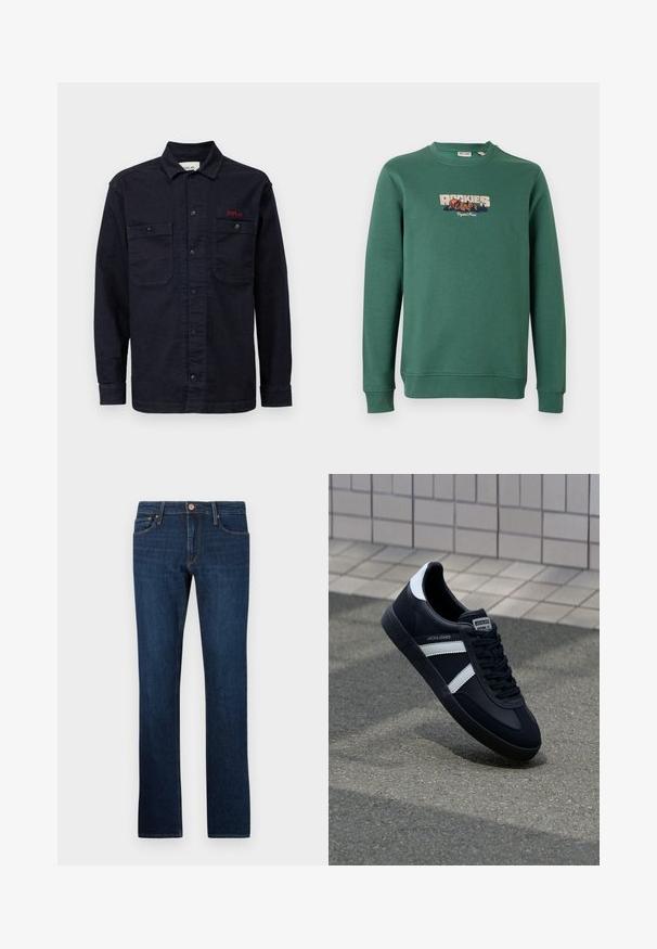 Sudadera de algodón verde con mangas largas, cuello redondo y gráfico "ROCKIES" con montañas en bordado naranja y azul.; Camisa de mezclilla azul oscuro con mangas largas, cierre frontal de botones, dos bolsillos en el pecho y un pequeño logo rojo "REPLAY" en el bolsillo izquierdo.; Jean oscuro de mezclilla con un diseño de pierna recta, cinco bolsillos y cierre frontal con botón. Textura suave con detalles de costura sutiles.; Zapatilla de cuero negra con rayas blancas, suela de goma texturizada y parte frontal con cordones. Cuenta con una etiqueta de marca en la lengüeta.