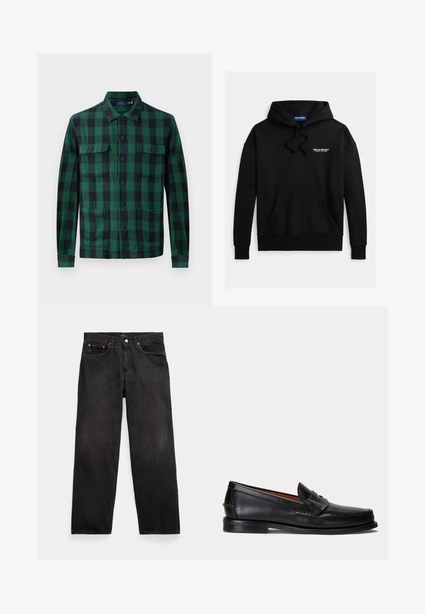 Sort sweatshirt med hætte og en forlommer foran. Teksten "POLO SPORT" i hvid øverst til venstre. Fremstillet af blødt stof.; Grøn- og sortternet skjorte lavet af stof med knaplukning foran, to brystlommer og lange ærmer med knapmanchetter.; Sorte denim jeans med lige ben, fem lommer, knaplukning og synlige metalnitter på forlommerne.; Sort læderloafer med lav hæl og pennyremdetalje, vist fra siden på en lysegrå baggrund.