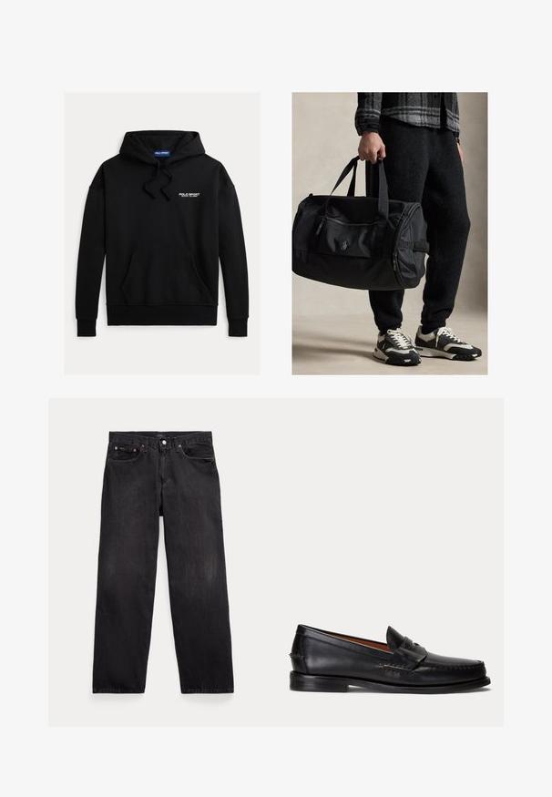 Schwarzer Kapuzenpullover mit einer Kängurutasche vorne. Text "POLO SPORT" in Weiß oben links. Aus weichem Stoff gefertigt.; Schwarze Jeans mit geradem Bein, fünf Taschen, Knopfverschluss und sichtbaren Metallnieten an den vorderen Taschen.; Schwarzer Lederloafer mit niedrigem Absatz und Pennyriemendetail, von der Seite auf hellgrauem Hintergrund gezeigt.; Person, die eine schwarze Sporttasche hält, schwarze Hose, eine graue karierte Jacke und schwarz-weiße Sneaker trägt.