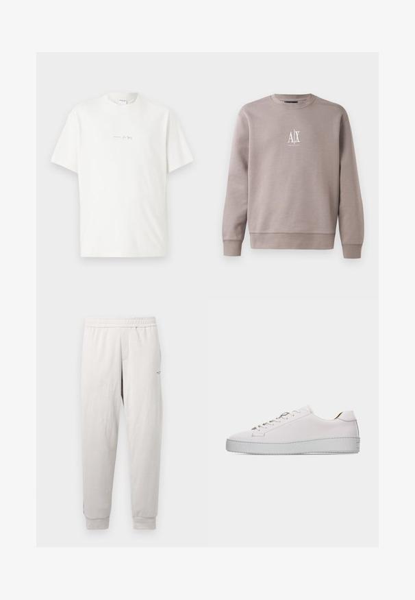 Grå sweatshirt lavet af blødt stof, med rund hals, lange ærmer og et lille hvidt logo på brystet.; Hvid bomulds T-shirt med rund hals, korte ærmer og et lille trykt logo på forsiden. Glat tekstur og afslappet pasform.; Lys grå sweatpants med elastisk talje, sidelommer, ribbede manchetter og subtil branding på benet, lavet af blødt stof.; Hvid lædersneaker med lavt snit, hvide snørebånd, flad, tekstureret gummisål og minimal syning, vist fra ydersiden på en hvid baggrund.