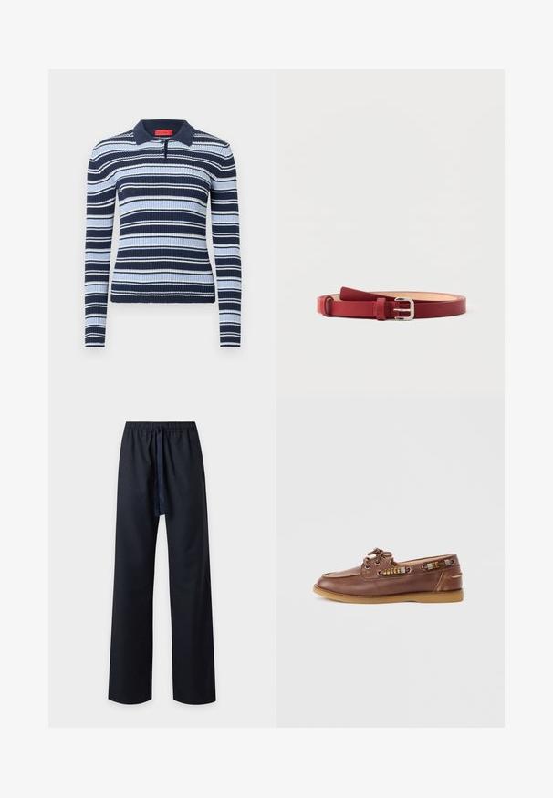 Polo à manches longues rayé bleu marine et bleu clair avec une texture côtelée et un col avec col à revers ; comporte trois boutons et une étiquette logo.; Pantalon de pyjama noir ample avec un motif subtil de petits pois et une taille élastique avec un cordon noir à nouer à l'avant.; Chaussure bateau en cuir marron avec semelle en caoutchouc beige, laçage à l'avant et accents métalliques décoratifs sur les côtés.; Ceinture en cuir rouge avec boucle rectangulaire argentée, extrémité en boucle et texture lisse, présentée enroulée à plat sur fond blanc.