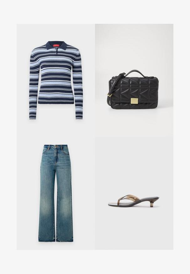 Tumesinise ja helesinise triibulise pika varrukaga polo särk soonilise tekstuuriga ja kraega; sellel on kolm nööpi ja logosilt.; Heledad sinine denim lai jalgadega teksad, millel on kõrge vöökoht, viis taskut ja kergelt kulunud servad, näidates tekstuuri ja pleekinud viimistlust.; Selge kontsadega suss, millel on õhuke rihma disain, musta jalatugedega ja heleda pruuni aktsendiga, pakkudes minimaalset esteetikat.; Mustra mustrikotiga musta nahast käekott, millel on ristkülikukujuline vorm, kuldse tooni metallist elemendi ja reguleeritava rihmaga.