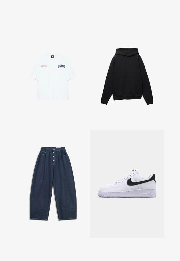 Sweat à capuche noir en tissu doux avec une poche frontale, silhouette surdimensionnée et cordon de serrage. Caractéristiques des poignets et un ourlet côtelés.; T-shirt blanc à manches courtes avec texte bleu marine "GOOD VIBES LAUNDROMAT" et texte rouge sur la poitrine, fond uni.; Pantalons en denim bleu foncé à jambes larges avec une taille haute, fermeture à cinq boutons et cinq poches. Présente des accents de couture sur les coutures.; Sneaker en cuir blanc avec un Swoosh noir texturé, des lacets plats et une semelle en caoutchouc avec un motif strié. "AIR" est embossé sur le talon.