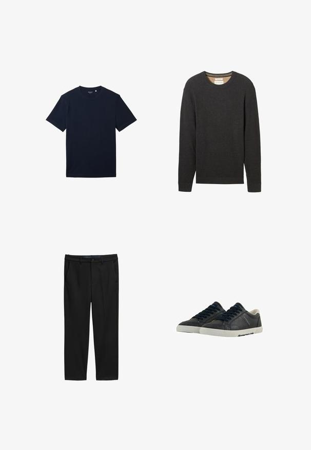 Pull noir à côtes avec un col rond et des manches longues. Tissu texturé et une étiquette visible au niveau du col.; T-shirt en coton bleu marine à manches courtes, avec un col rond classique et une texture lisse. Design simple, sans motifs ni accents visibles.; Pantalon noir à coupe droite, fabriqué en tissu texturé. Comprend deux poches avant et une fermeture à bouton à la taille.; Baskets en cuir bleu marine avec semelles en caoutchouc blanches, bout rond et lacets noirs. Textures subtiles et marquage sur les côtés. Design décontracté.