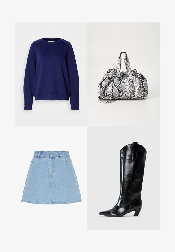 Navyblauwe sweatshirt, gemaakt van zachte stof, met een ronde halslijn, lange raglanmouwen en knopenaccenten bij de manchetten.; Lichtblauwe denim A-lijn rok met vooraan knopen en rits, ceintuurlussen en twee voorzakken.; Zwarte leren kniehoge laarzen met een spitse neus, lage hak en decoratieve stiksels aan de zijkanten. Gladde glanzende afwerking.; Zwart-wit handtas met slangenhuidpatroon, voorzien van twee handvaten, een trekkoordsluiting en een afneembare schouderriem. Hanteert een gladde textuur.