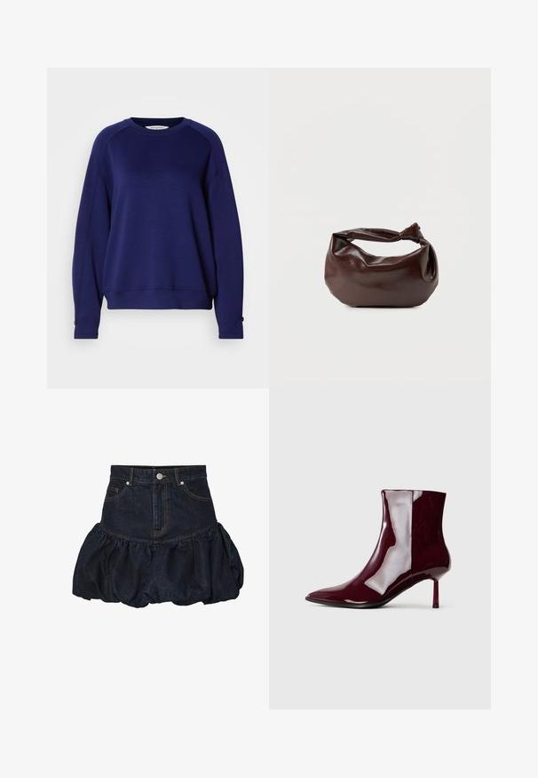 Navyblauwe sweatshirt, gemaakt van zachte stof, met een ronde halslijn, lange raglanmouwen en knopenaccenten bij de manchetten.; Donkerdenimrok met een getailleerde taille en een verzamelde, puffy geplooide onderkant. Voorzien van voorzakken en een metalen knoopsluiting.; Glanzende donkerrode enkellaars met pointed toe en dunne, middelhoge hak op een effen lichte achtergrond.; Donkerbruine leren schoudertas met een zachte, slungelige vorm en een gedraaide knoopvormige handgreep op een effen witte achtergrond.
